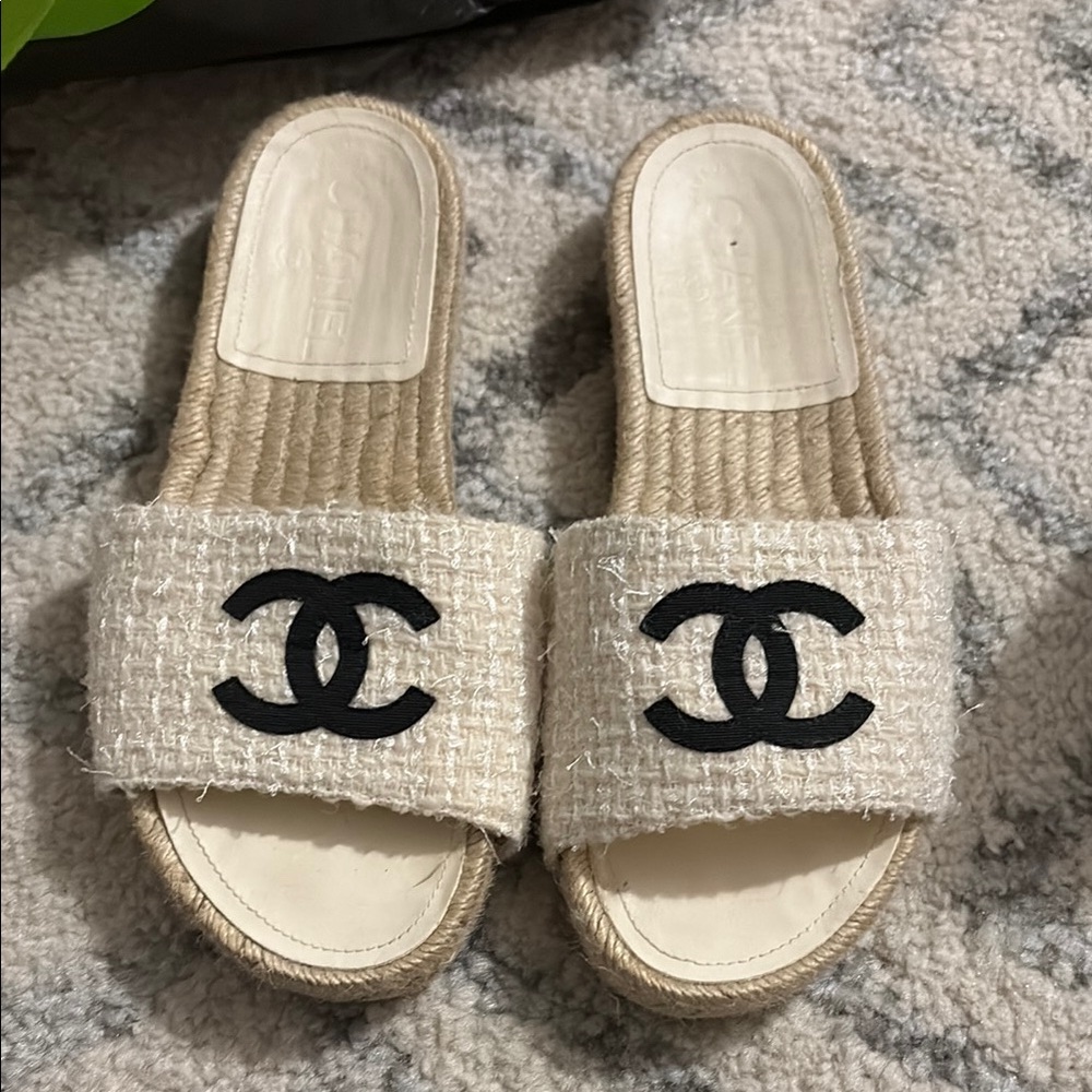 Chanel Beige Tweed Slides with Black Logo